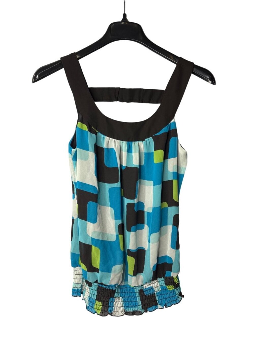 Studio Y Sleeveless Blouse Top Size M Smocked Hem Cutout Back Geometric Vtg Y2K